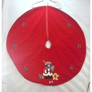 Red Velvet Embroidered Christmas Tree Skirt Vintage Teddy Bear Santa Candy Canes
